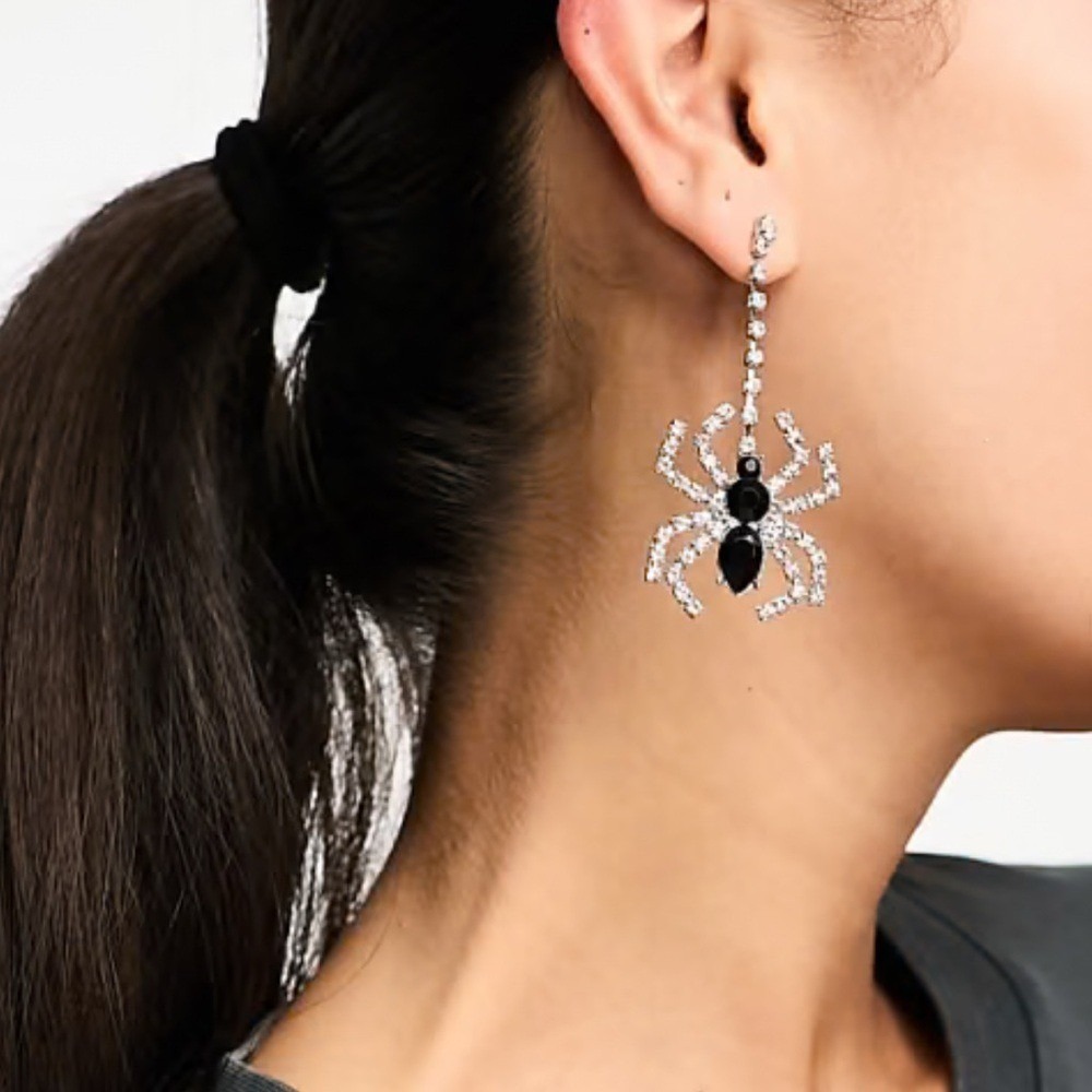 Halloween Silver & Black Spider  Bejeweled Rhinestone Drop Dangle Earrings Witch
